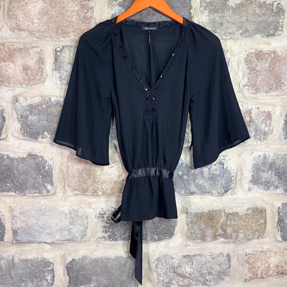 Oleg Cassini Black Sheer‎ Chiffon Lace Sequin Peplum Blouse Bell Sleeve Size 6